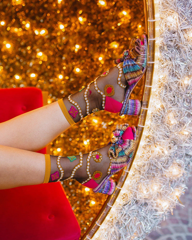 Sock Candy - Pearls & Jewels Black Sheer Ankle Sock
