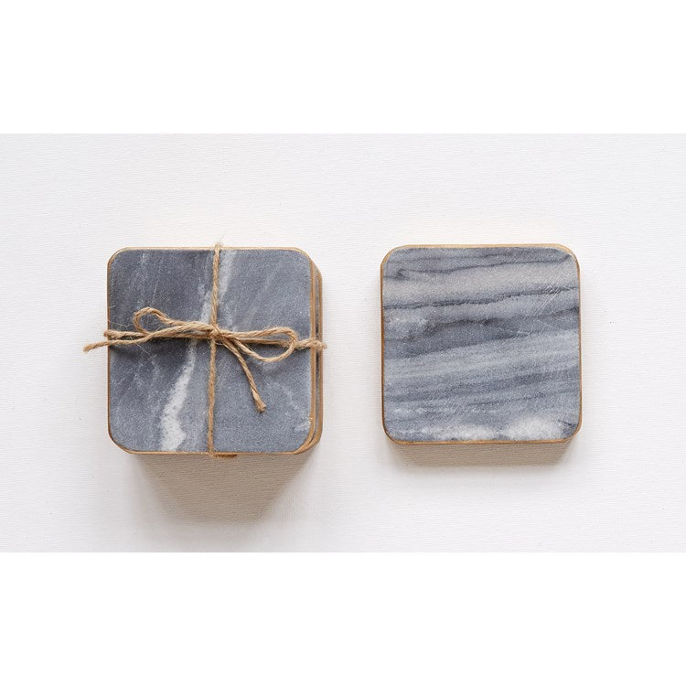 Creative Co-op - 4" Square Marble Coasters, Grey w/ Gold Edge, Set of 4