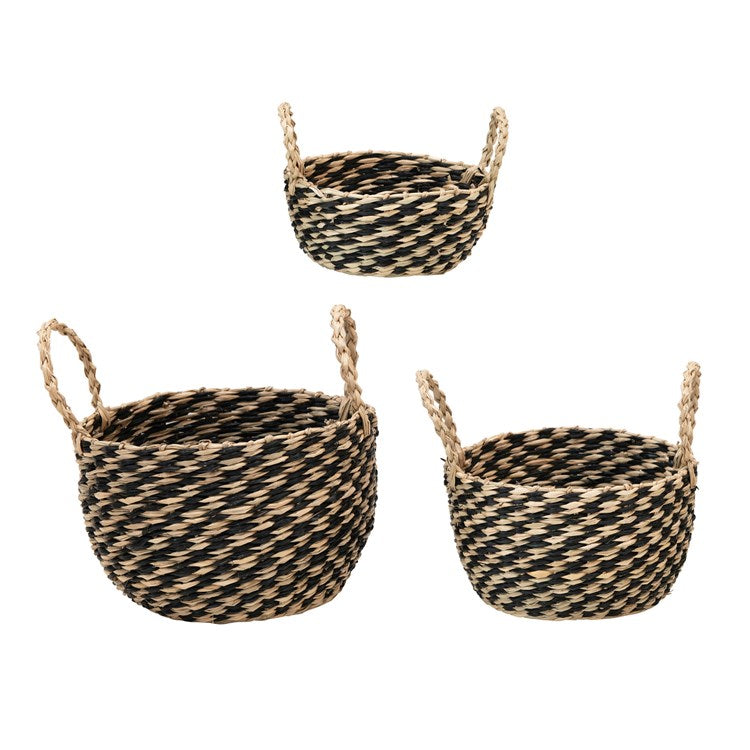 Creative Co-Op Hand-Woven Seagrass Baskets w/ Handles, Black & Natural, Set of 3