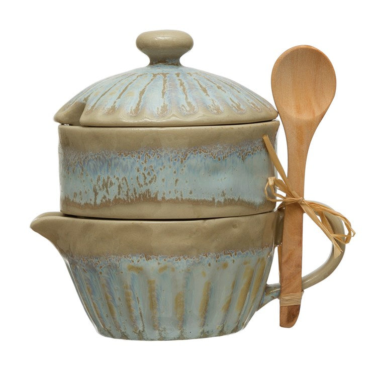 Creative Co-op Stoneware Stackable 8 oz. Cream & 7oz. Sugar w/ Lid & Wood Spoon, Reactive Glaze, Blue, (Each One Will Vary)