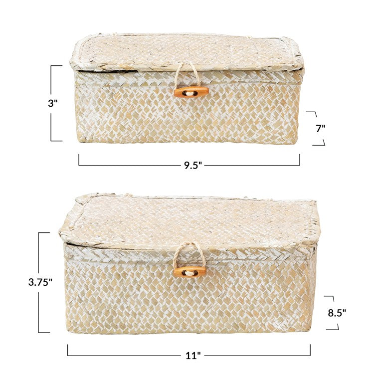 Creative Co-Op Hand-Woven Seagrass Boxes w/ Lids & Toggle Closure, Whitewashed