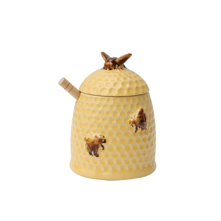 Creative Co-op Stoneware Bee Skep Honey Jar w/ Wood Honey Dipper, Golden Yellow