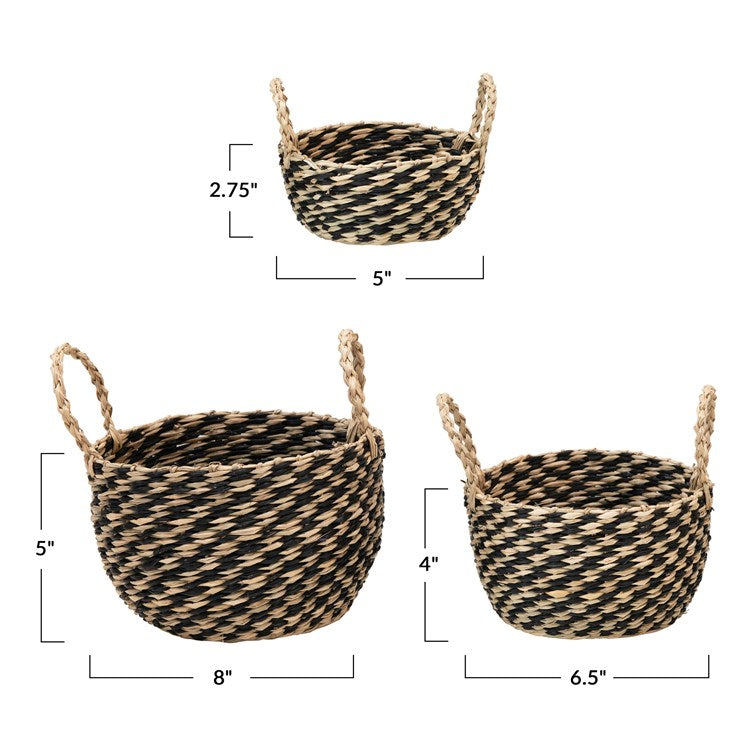 Creative Co-Op Hand-Woven Seagrass Baskets w/ Handles, Black & Natural, Set of 3