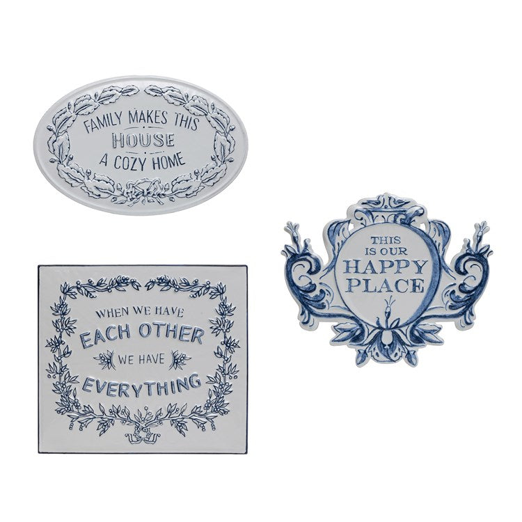 Creative Co-op Embossed Enameled Metal Wall Decor w/ Saying, White & Blue, 3 Styles