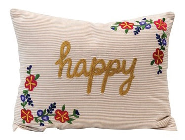 Creative Co-op Cotton Embroidered Lumbar Pillow w/ Florals & Metallic Words, 4 Styles