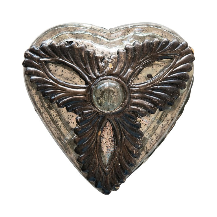 Creative Co-op Metal & Glass Heart Shaped Box w/ Lid, Antique Silver Finish