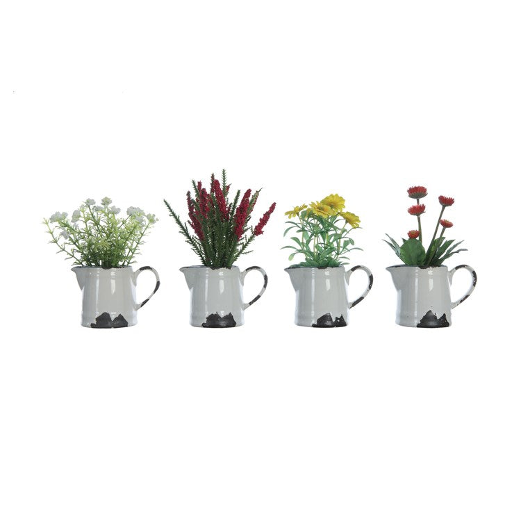 Creative Co-op Faux Flowers in Ceramic Pitcher, Distressed Finish, 4 Styles