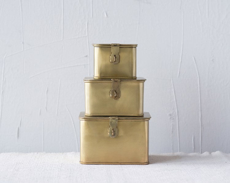 Creative Co-Op Square Decorative Metal Boxes, Brass Finish, Set of 3