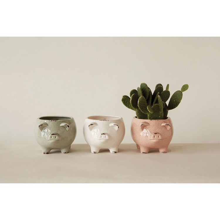 Creative Co-op Stoneware Distressed Pig Planter, 3 Colors (Holds 6" Pot)