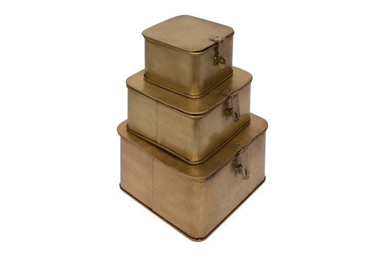 Creative Co-Op Square Decorative Metal Boxes, Brass Finish, Set of 3