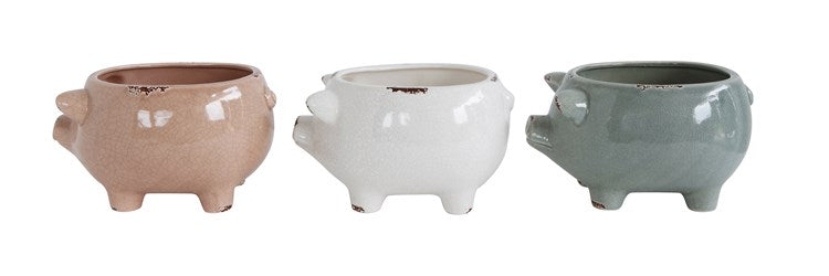 Creative Co-op Stoneware Distressed Pig Planter, 3 Colors (Holds 6" Pot)