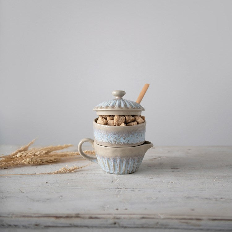Creative Co-op Stoneware Stackable 8 oz. Cream & 7oz. Sugar w/ Lid & Wood Spoon, Reactive Glaze, Blue, (Each One Will Vary)
