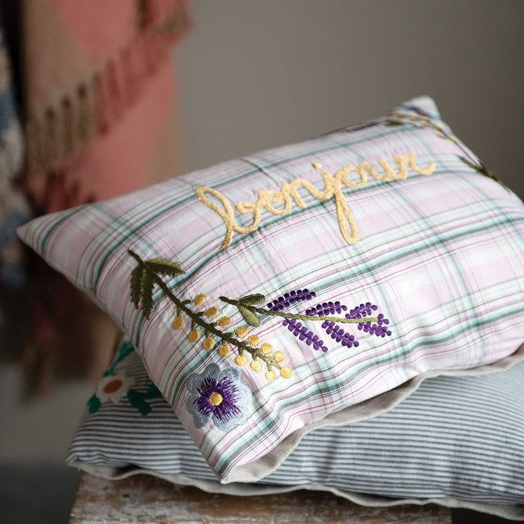 Creative Co-op Cotton Embroidered Lumbar Pillow w/ Florals & Metallic Words, 4 Styles