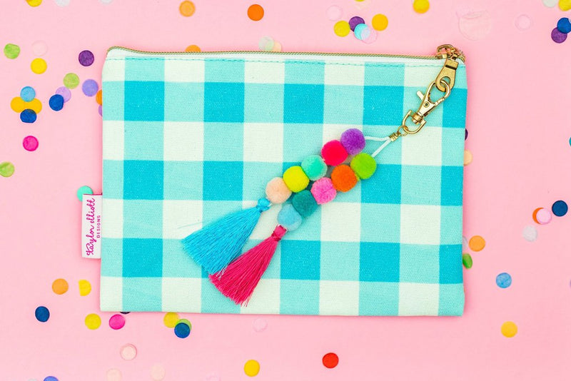Taylor Elliott Designs Blue Gingham Pouch with Pom and Tassel Keychain