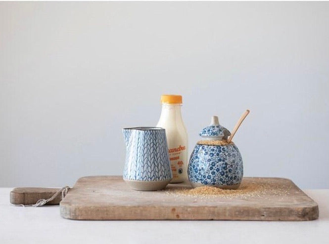 Creative Co-op Hand-Painted Stoneware Sugar Pot w/ Lid & Wood Spoon & 8 oz. Creamer, Blue & White