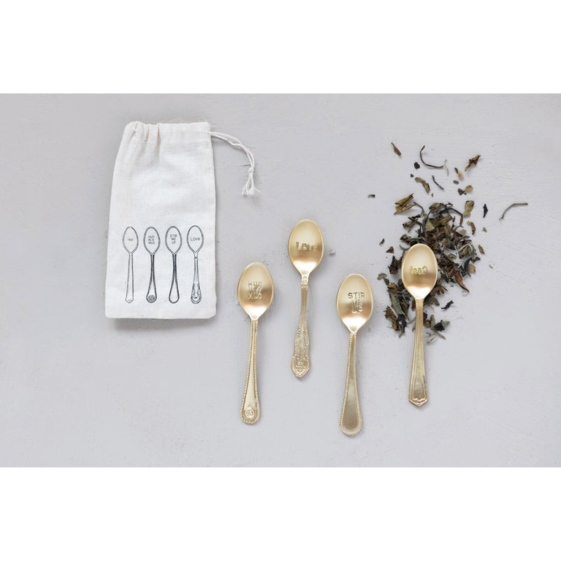 Creative Co-op Brass Spoons with Engraved Saying, Set of 4 in Printed Drawstring Bag SKU#DF5686