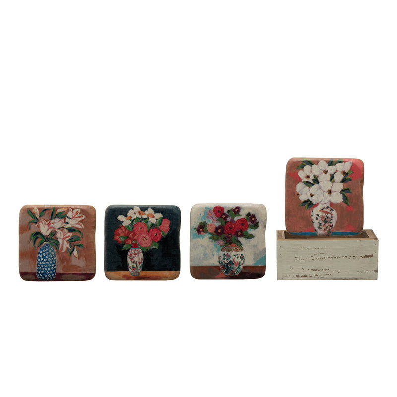 Creative Co-op Resin Coasters with Flowers in Vase in Wood Box (Set of 4 Coasters) (DF6456)