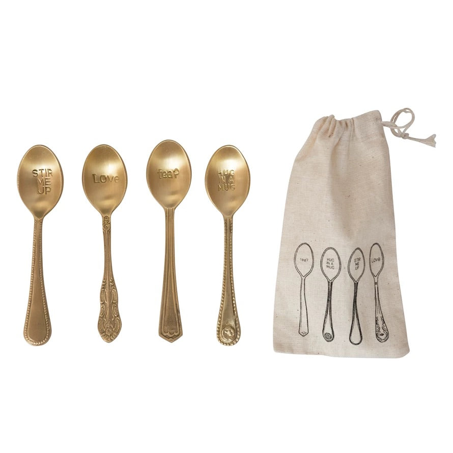 Creative Co-op Brass Spoons with Engraved Saying, Set of 4 in Printed Drawstring Bag SKU#DF5686