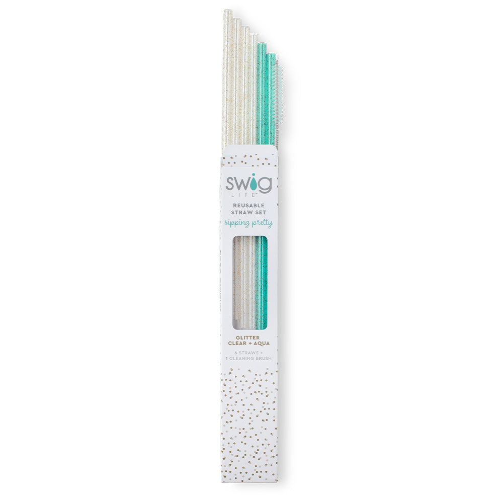 Swig Life Glitter Clear & Aqua Reusable Straw Set (Tall)