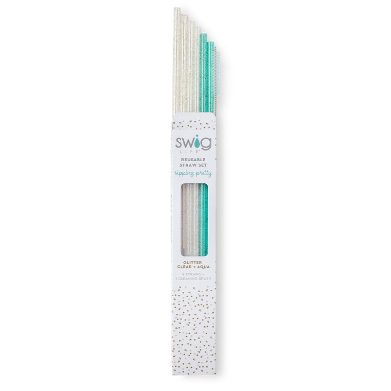 Swig Life Glitter Clear & Aqua Reusable Straw Set (Tall)