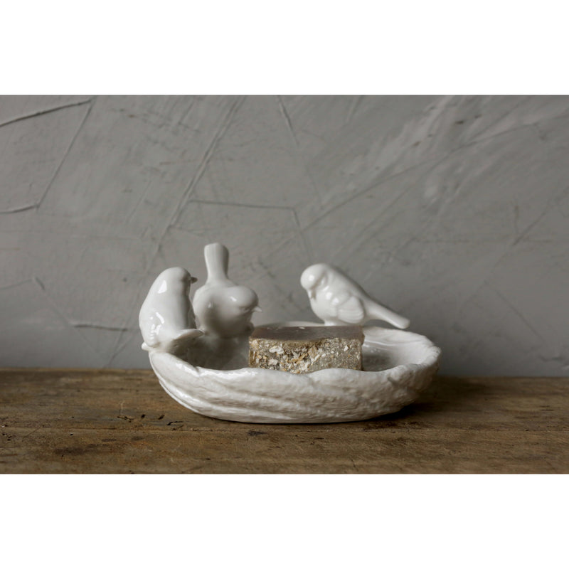 Creative Co-Op Decorative Ceramic Leaf Dish with Birds, White