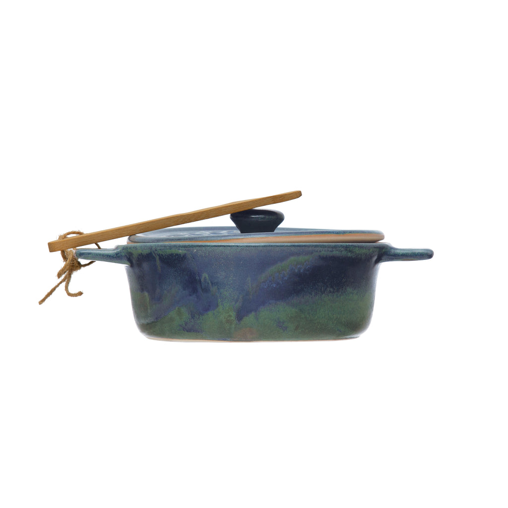 Creative Co-Op Stoneware Brie Baker with Bamboo Spreader SKU#DF6332