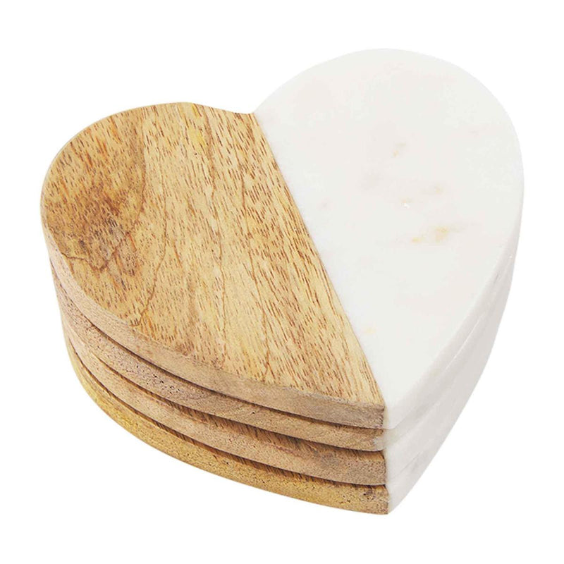 Mud Pie Heart Marble Wood Coaster Set