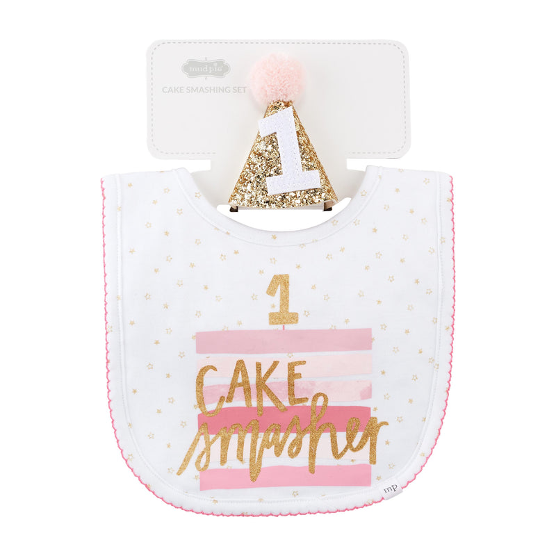 Mud Pie Baby Girls First Birthday Cake Smasher Bib & Hat Set
