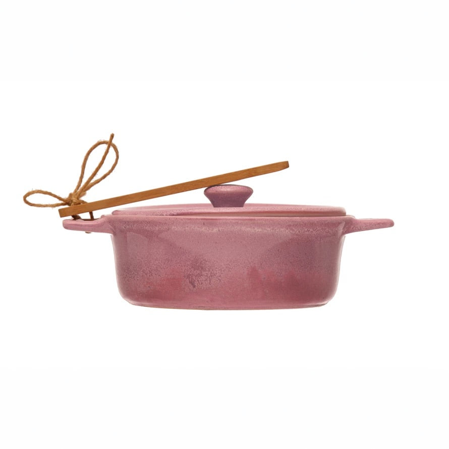Creative Co-Op Pink Stoneware Brie Baker with Bamboo Spreader SKU#DF6045