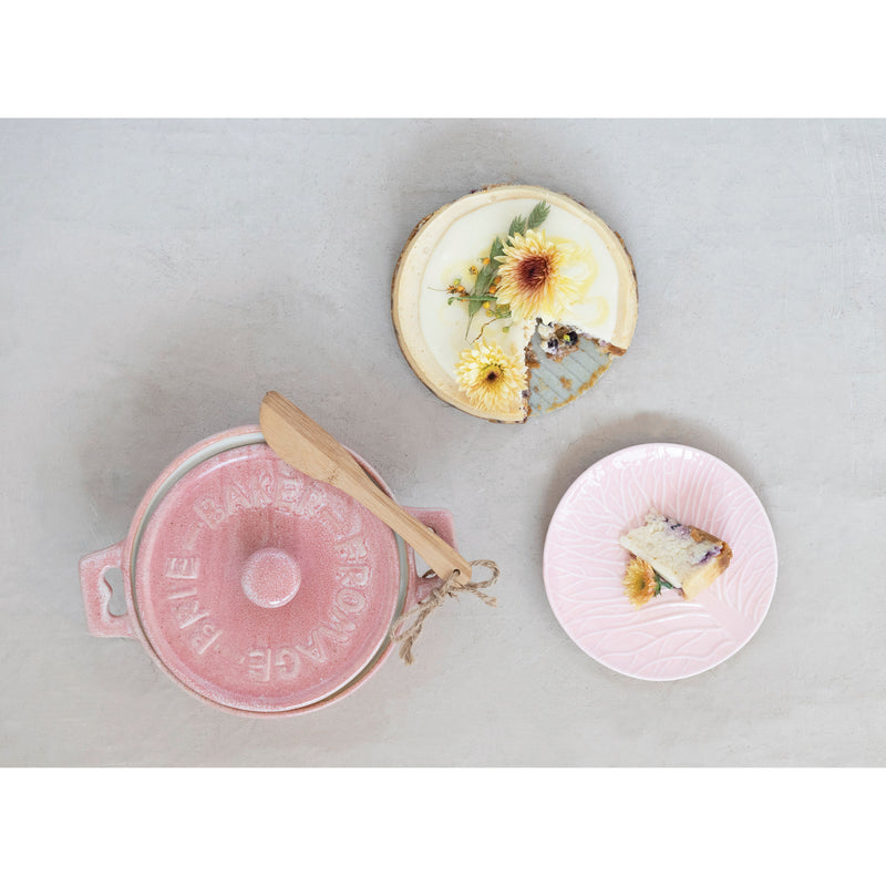 Creative Co-Op Pink Stoneware Brie Baker with Bamboo Spreader SKU#DF6045