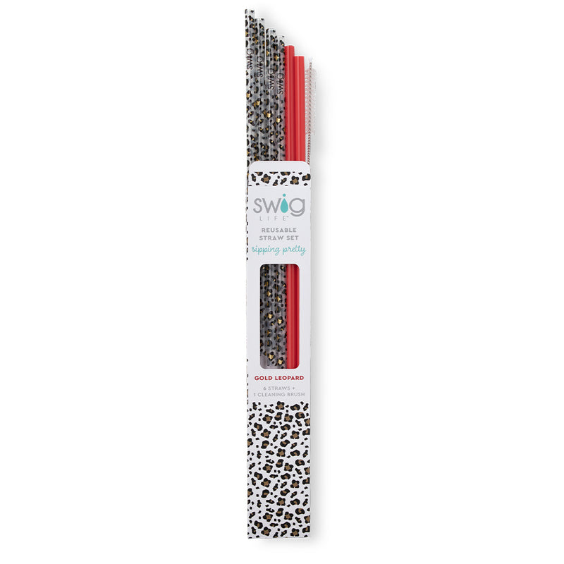 Swig Life Gold Leopard & Red Reusable Straw Set (Tall)